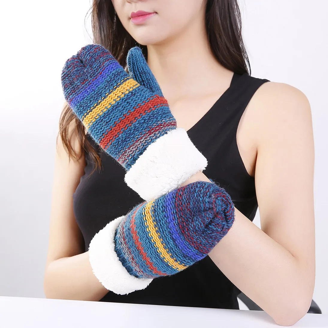 

Girls Winter Warm Gloves Students Warm Mittens Women's Striped Cashmere Knitted Luva Plus Velvet Thickening Ski Gloves B-9467