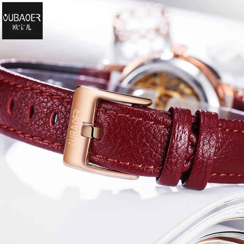 OUBAOER  Automatic Mechanical Watches Women Genuine Leather Luminous Top Brand Luxury Red Simple Skeleton Watch Fashion Watches