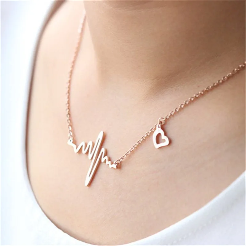 Simple Wave Heart Necklace Chic Ecg Pulse Charm Pendant Necklace Lightning Women Vintage Fashion Jewelry Accessories Gold Color