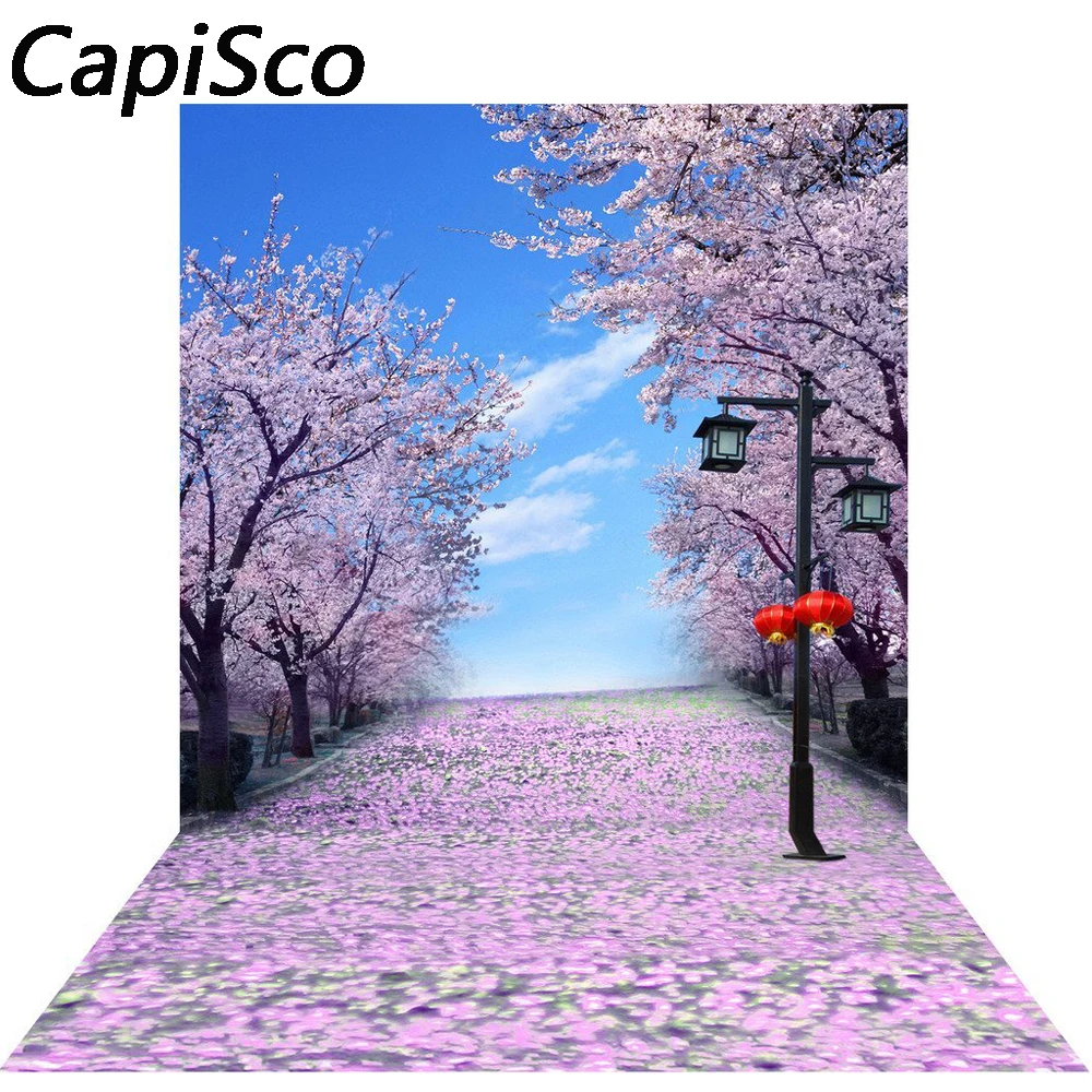 

Capisco Cherry Blossom Tree Garden Theme Scene Road photo backdrop Vinyl cloth High quality Computer Print Scenery background
