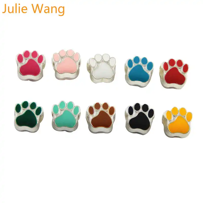 Julie Wang 40PCS Mix 10 Colors Enamel Pet Dog Cat Paw Footprint Beads Alloy Spacer Beads Necklace Bracelet Jewelry Making