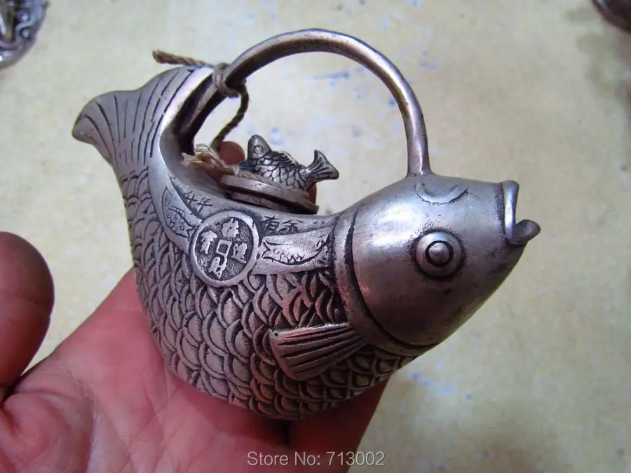 Vintage Tibetan Silver flagon Pot character Fish Shape Lucky Fengshui Stoup