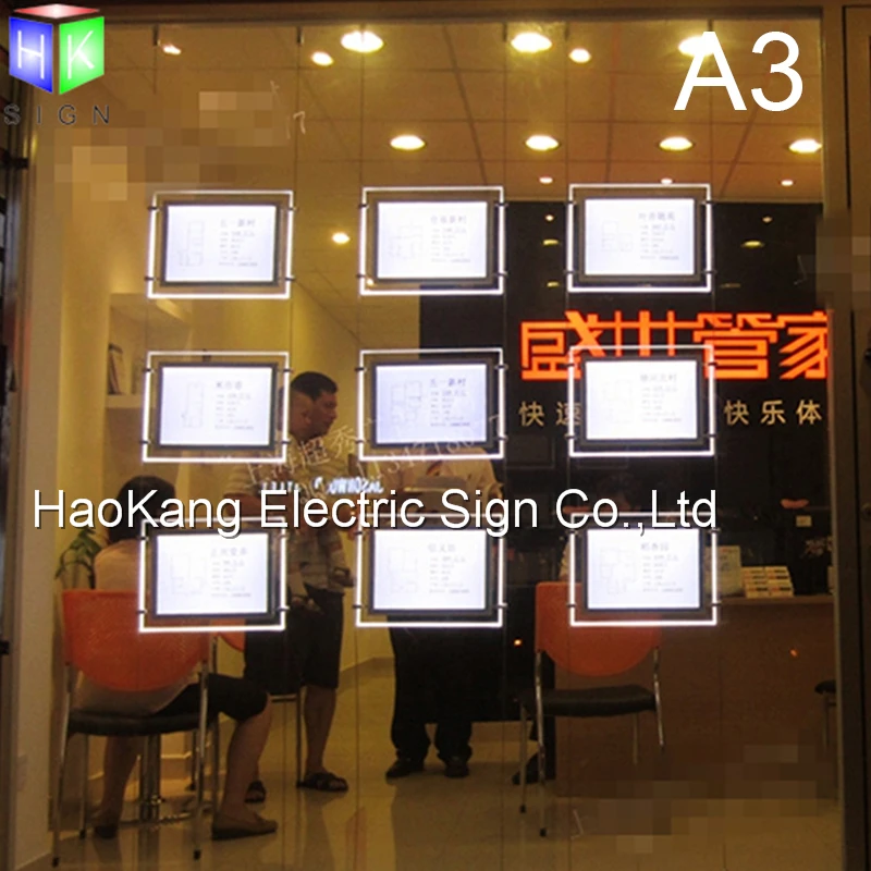 

A3 single Side led crystal backlit frame for real estate window sign advertising display