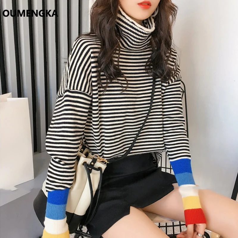 Female Korean Harajuku Clothing For Women Loose Wild Striped Casual Sweater Rainbow Sleeve Turtleneck Kawaii  Pullover Jumper