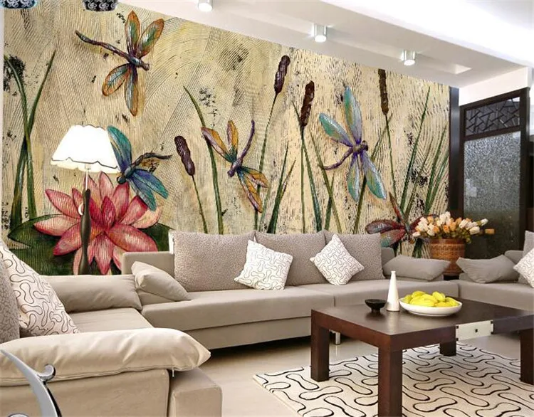 

Personalized Dragonfly Lotus Mural Wallpapers Eurpoean Vintage Large Photo Murals Oil Painting Print Decal Wall Art Wall Paper