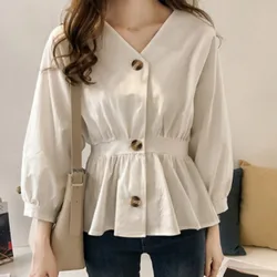 Women's Casual V Neck Button Up Slim Ruffles Waist Long Sleeve Solid Blouse Batwing Sleeve Shirt Women Tops Female  Autumn