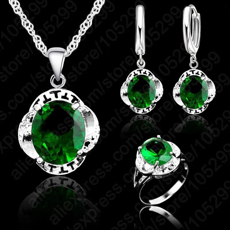 Real Crystal Wedding Jewelry Set 925 Sterling Silver Triangle Geometric Jewelry Sets,Pendant Necklace/Earrings/Ring