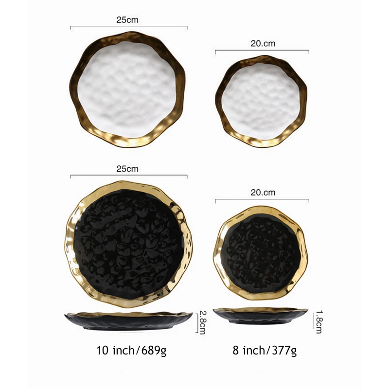 8/10 Inch Minimalist Dinner Plate Black White Ceramic Serving Plate with Gold-edge Pasta Steak Dishes Party Big Round Plate