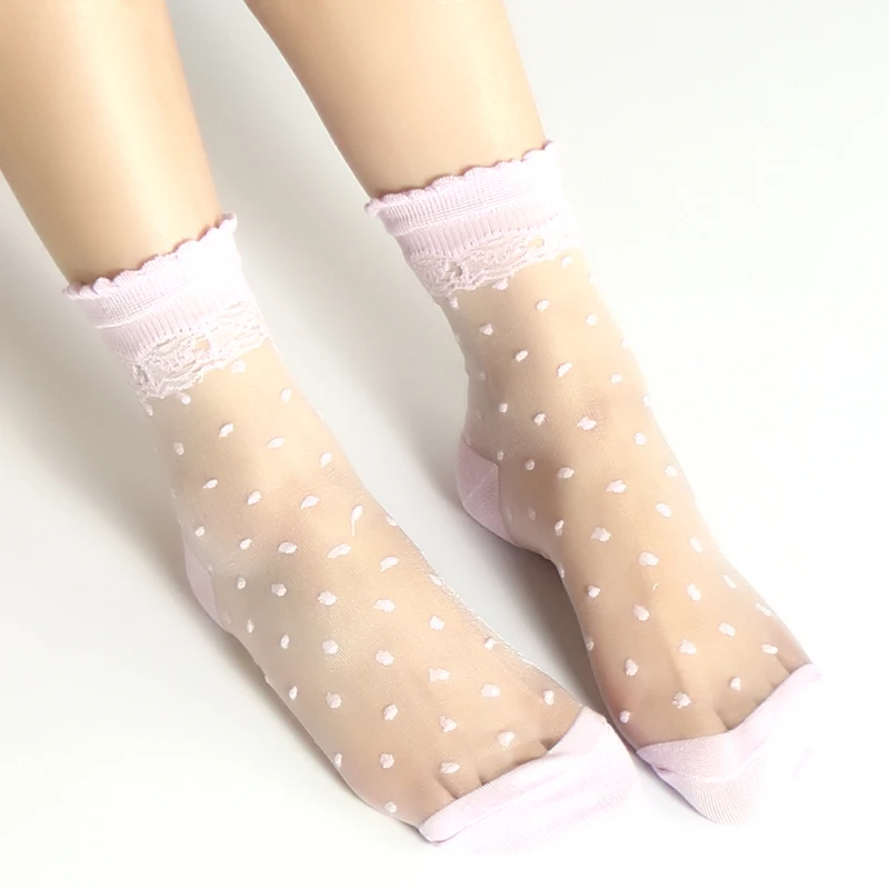 DONG AI Invisible Socks Women Summer Lace Sheer Crystal Silk Polka Dot Ankle Socks Glass Black White Transparent Sock for Ladies