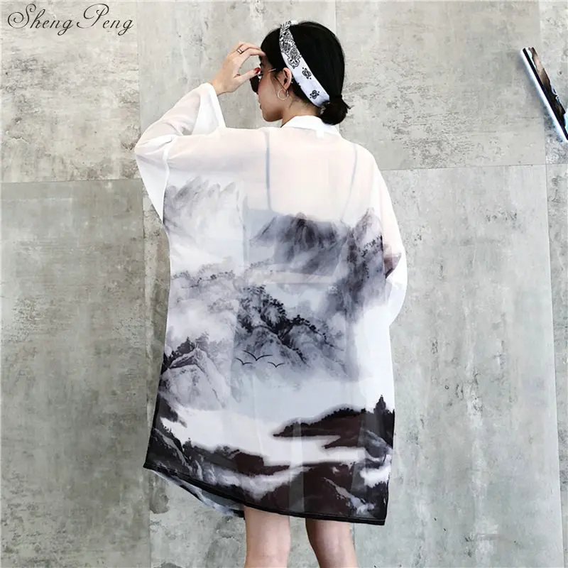 2019 Sunscreen Woman Japanese Traditional Kimono Cardigan Chinese Oriental Ink-wash Painting Thin Robe Coat Haori Outfits G092