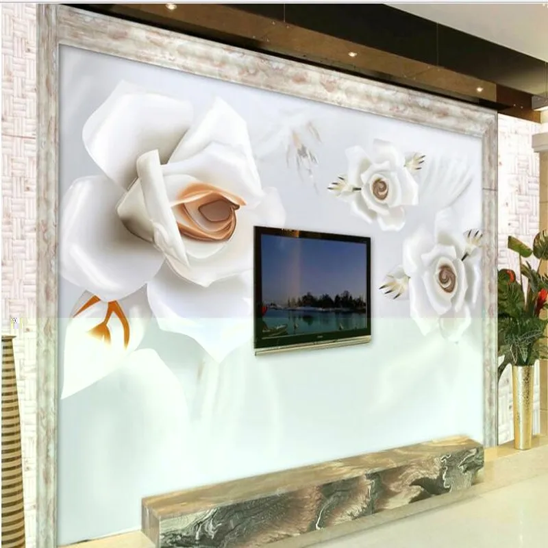 

wellyu Customized large - scale mural 3D Stereo relief jade carving white peony mural background wall non - woven wallpaper