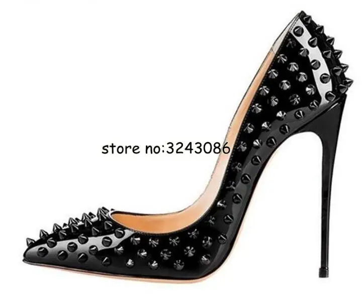 Pointed Toe Nude Patent Leather Rivets Lady High Heels Shoes Sexy Women Metal Studs Pumps Stiletto Dress Shoes Single Shoes