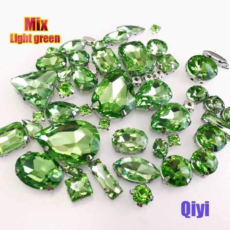 Sell at a loss! 50pcs/bag high quality mixed shape light green sew on glass crystal claw rhinestones for clothing/dress/bags