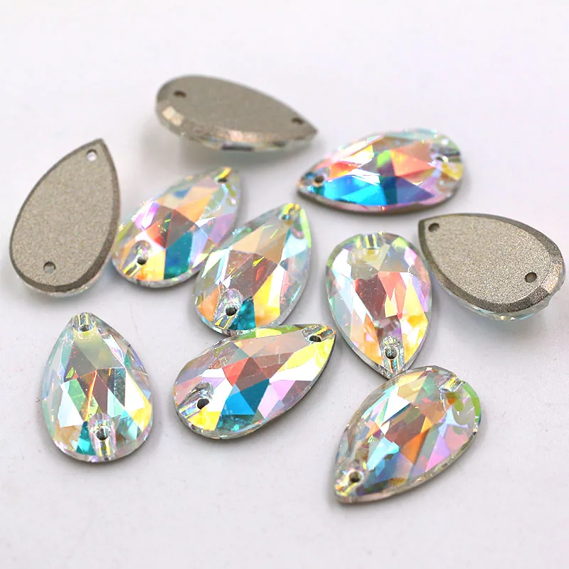 High quality flatback glass double hole crystal sew on rhinestones Teardrop shape AB color Flat buckle diy clothing accessories