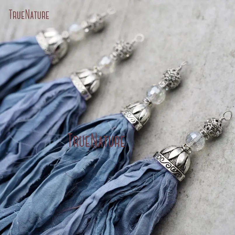 Wholesale Boho Cerulean Sari Silk Tassel Pendant Oxidized Antique Silver Color Chic Ornament Crystal Beads In 6.8 inch PM8970