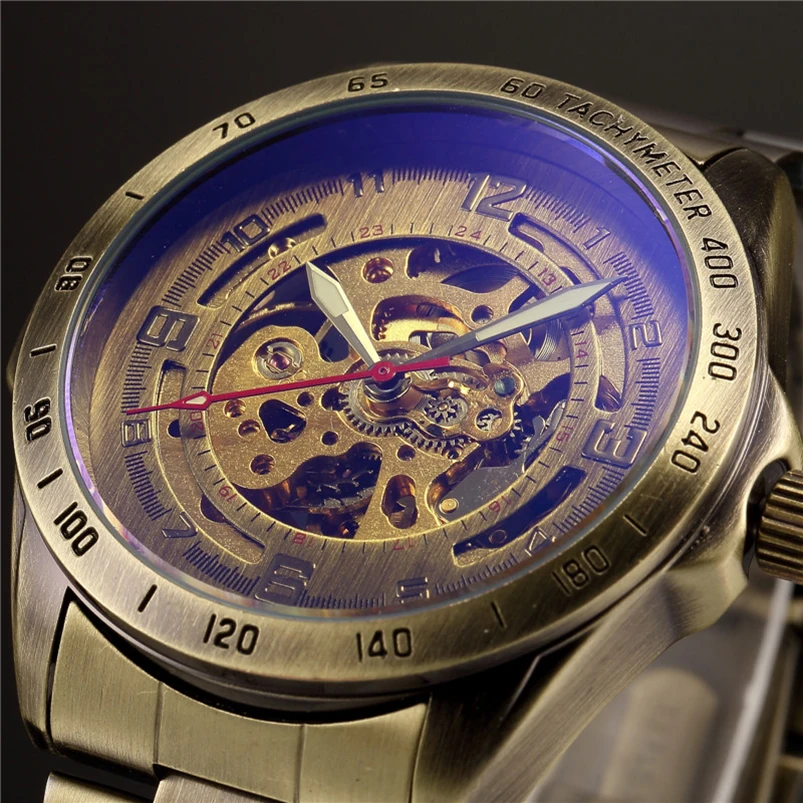 

Antique Design Automatic Skeleton Mechanical Watch Vintage Brass Steel Men's Wristwatch Skeleton Steampunk Clock Male Blue Dial