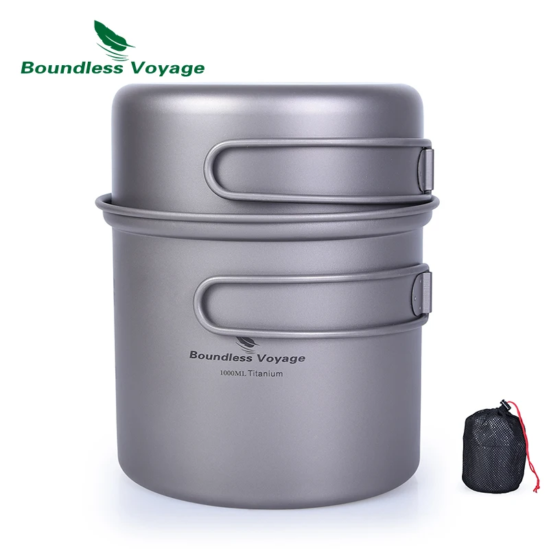 Zestaw garnków z tytanową misą Boundless Voyage ze składaną rączką Outdoor Camping Piknik Ultralekka kuchenka Zastawa stołowa 1000 ml + 500 ml