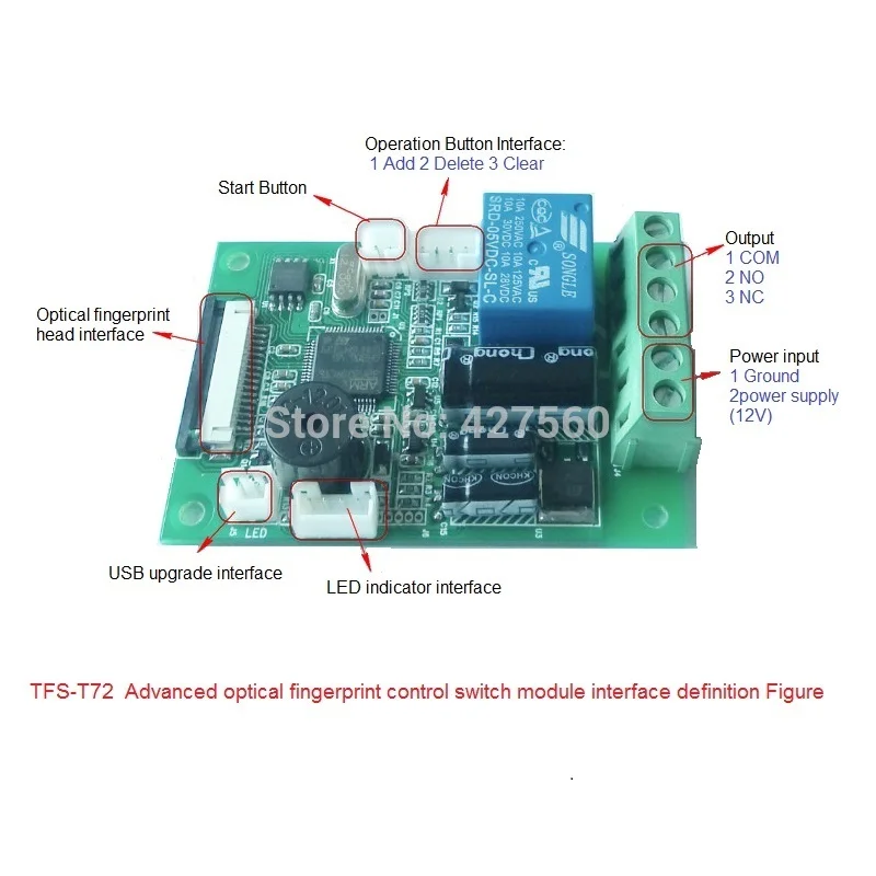 

Biometric fingerprint control switch relay output car ignition elevator device control door access control TFS-T72A