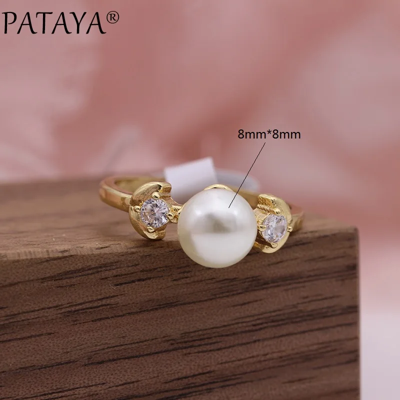 PATAYA New Champagne Gold Color Imitation Pearls Round Natural Zircon Rings Women Wedding Party Jewelry shape Girls Cute Ring