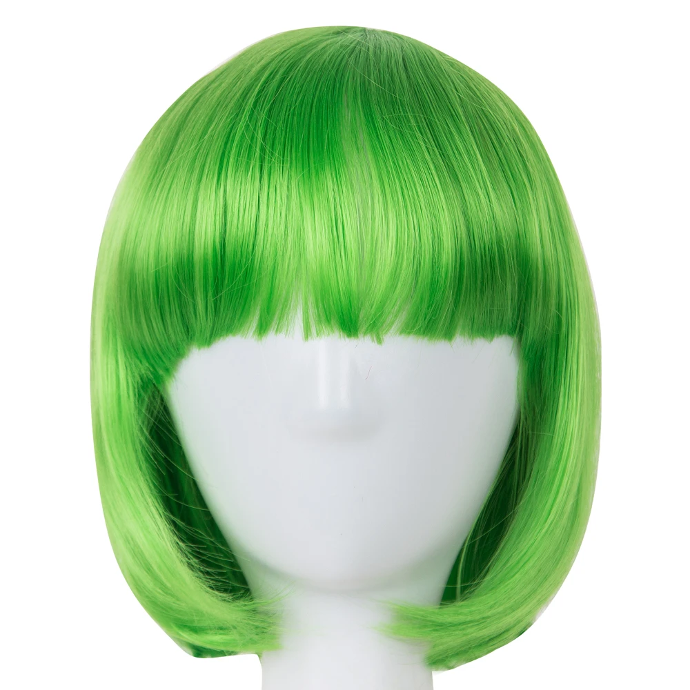 Cosplay Wig Fei-Menunjukkan Tahan Panas Pendek Bergelombang Poni Wanita Sopak Rambut Sintetis Kostum Halloween Karnaval Hijau Datar