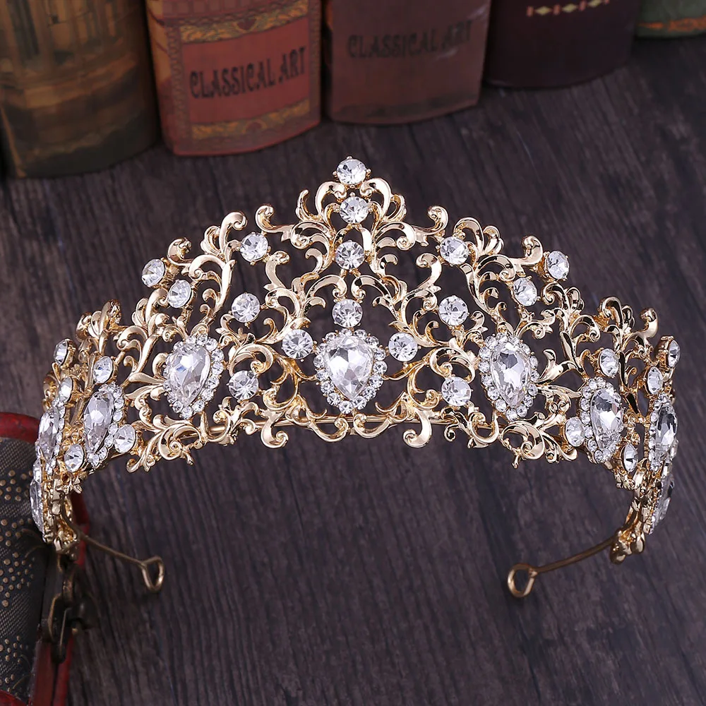 KMVEXO Forest Leaf Crystal Tiara Brides Crown Gold Color Bridal Jewelry Green Crowns Queen Diadem Wedding Hair Accessories