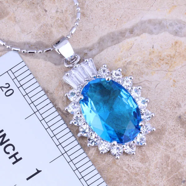 Distinctive Sky Blue Cubic Zirconia White CZ Silver Plated Jewelry Sets Earrings Pendant Ring Size 6 / 7 / 8 / 9 / 10 S0421