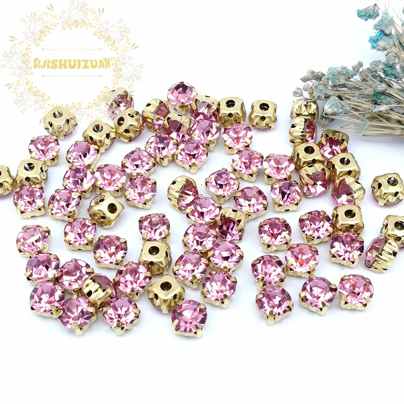 New 3mm 4mm 5mm 7mm 8mm Pink Gold Claws Sew-on Round Rhinestones For Needlework DIY Glass Crystals Stones Clothes Wedding Dress