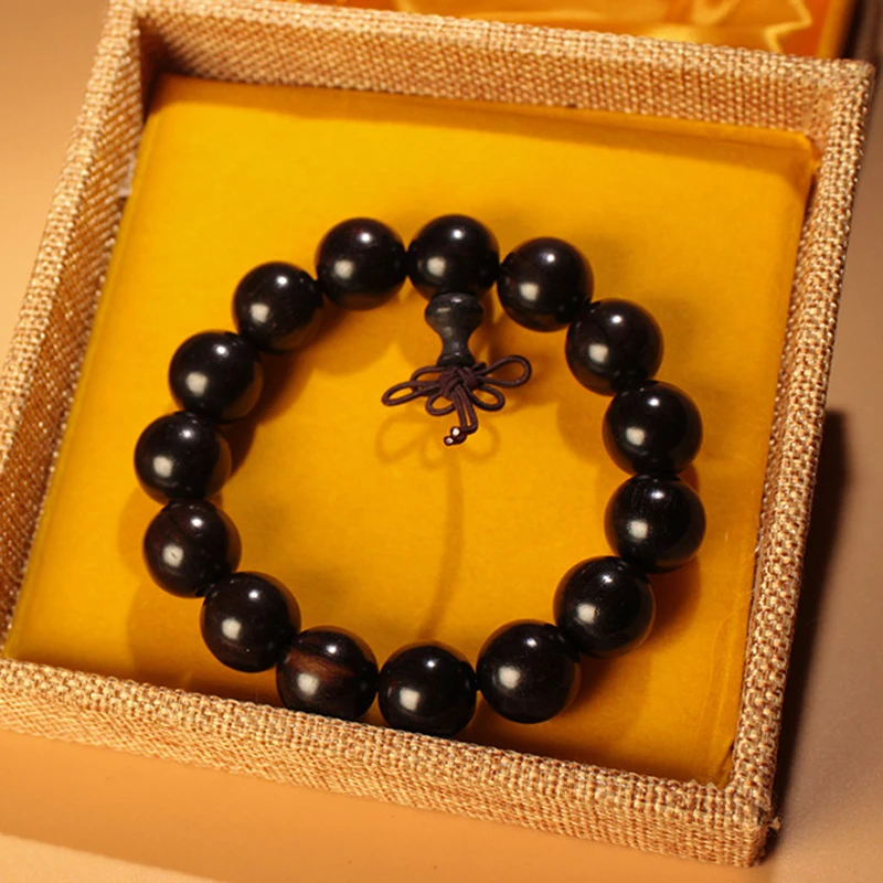 12-20mm Black Natural African Ebony Beaded Buddha Elastic Bracelet Mala Rosary Classical Wind Energy Hand String Couples Jewelry