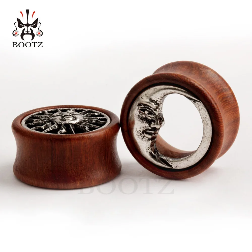 KUBOOZ 2PCS Asymmetric Wood Ear Piercing Tunnel Earrings Moon Sun Plugs Stretcher Fashion Body Jewelry Gauges Gift Women Men