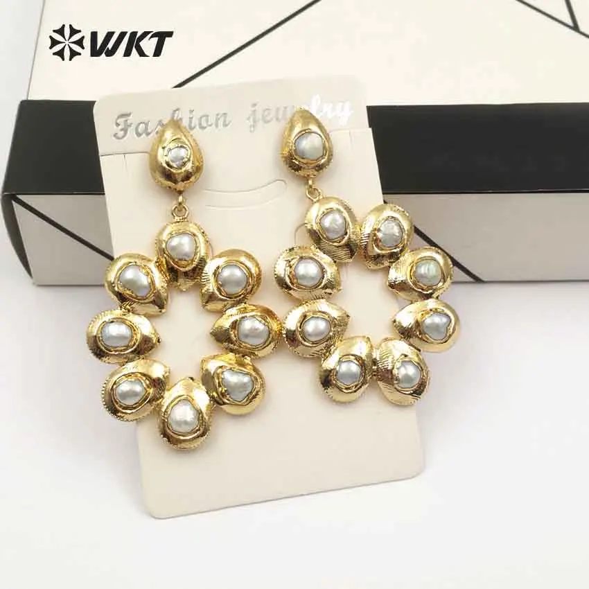 WT-E467 WKT Wholesale girl drop earrings bohemia style natural pearl earring big size flower shape unique design popular jewelry