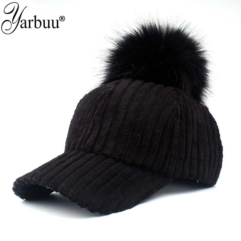 [YARBUU]baseball cap 2017 Solid Color Corduroy Winter Warm Baseball caps for women Faux fur ball cap Leisure Casual Snapback hat