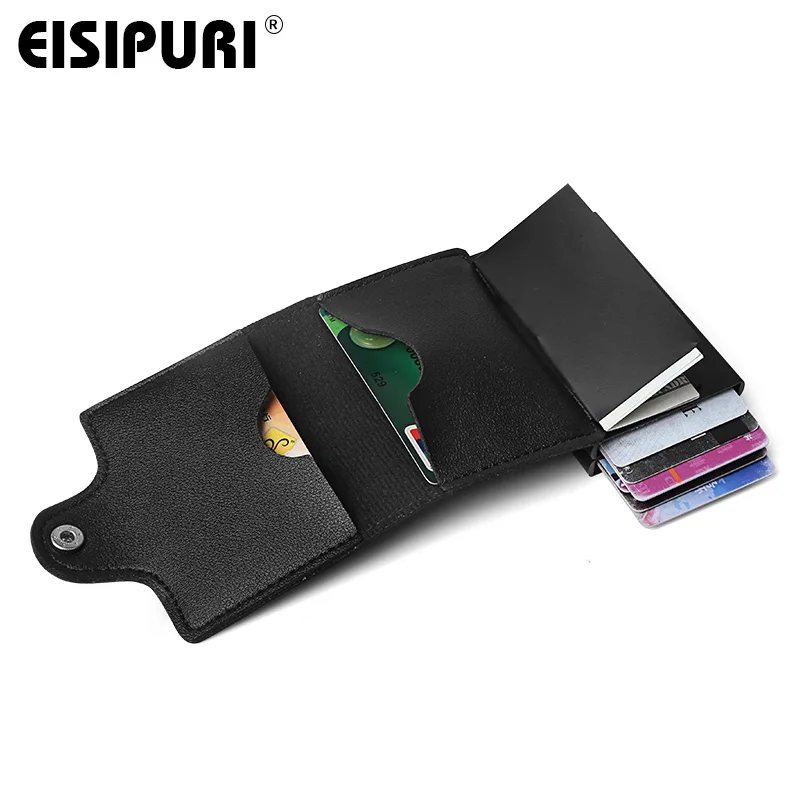 Men double Aluminum Leather Credit Card Holder RFID Metal Wallet Automatic pop up Anti-theft Purse Business ID Cardholder