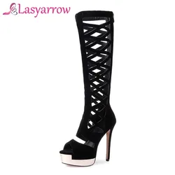 Lasyarrow gladiatorki na wysokim obcasie szpilki sandały na zamek błyskawiczny platformy Open Toe letnie buty do kolan Sexy Cut out buty kobieta Q059