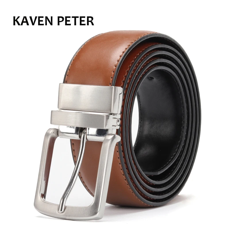Men's Genuine Leather Belt Reversible For Jeans Male Rotated Buckle Dress Belts Designer Cowskin Leather Belts For Men Black image 3