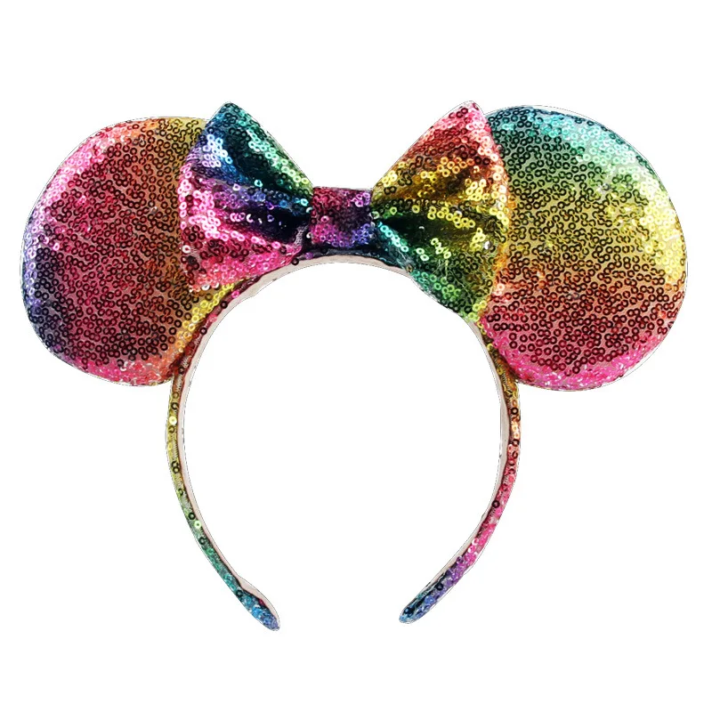 Rainbow Bow Lantejoulas Hairband para Crianças, Minnie Mouse Orelhas Headband para Mulheres, DIY Acessórios para Cabelo, Headwear para Meninas, Novo