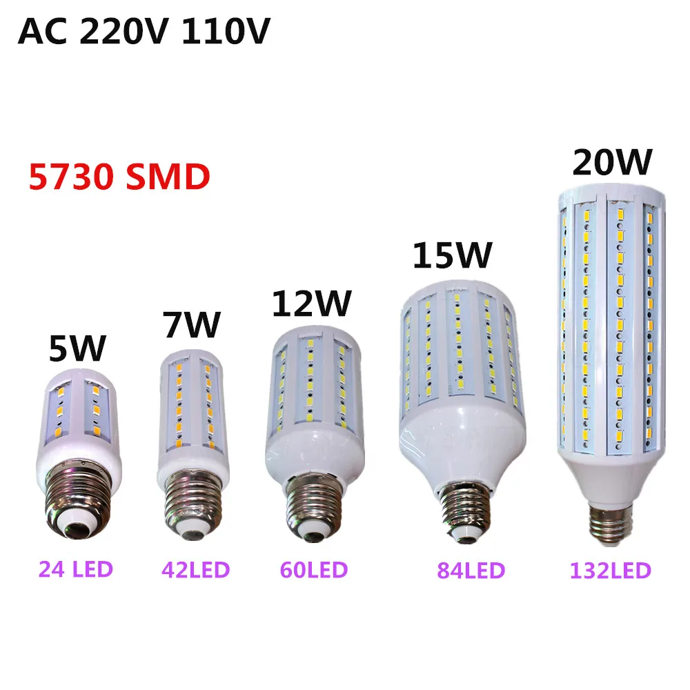 led bombillas lamp SMD 5730 5W 7W 12W 15W 20W E14 B22 E27 dimmable led corn bulb candle 220V 110V white/warm white