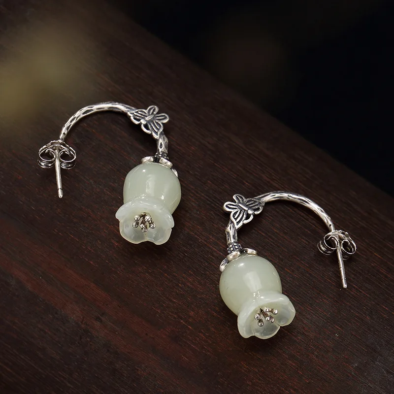 

S925 Pure Silver Retro Mosaic and Hotan Jade White Magnolia Bell Flower Butterfly Lady Silver Earrings Wholesale