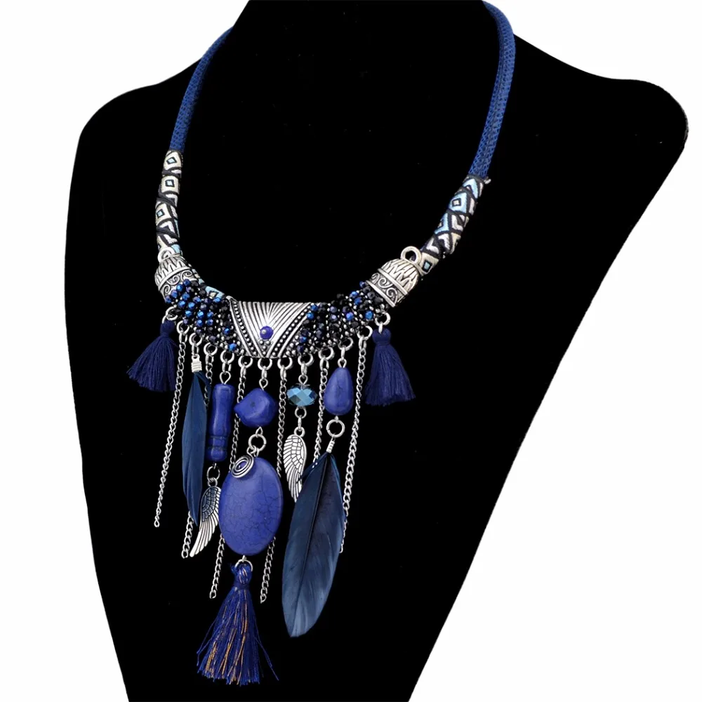 Idealway Handmade Ethnic Blue Brown Feather Pendant Leather Chain Necklaces for Women Bohemian Party Anniversary Tribal Jewelry