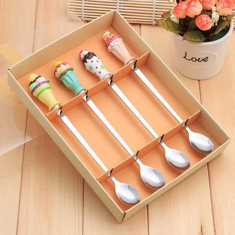 

50pcsStainless Steel Coffee Spoon Long Ice Cream Spoon Four Sets Cartoon Resin Events Wedding Gifts Tableware For Couples Childr