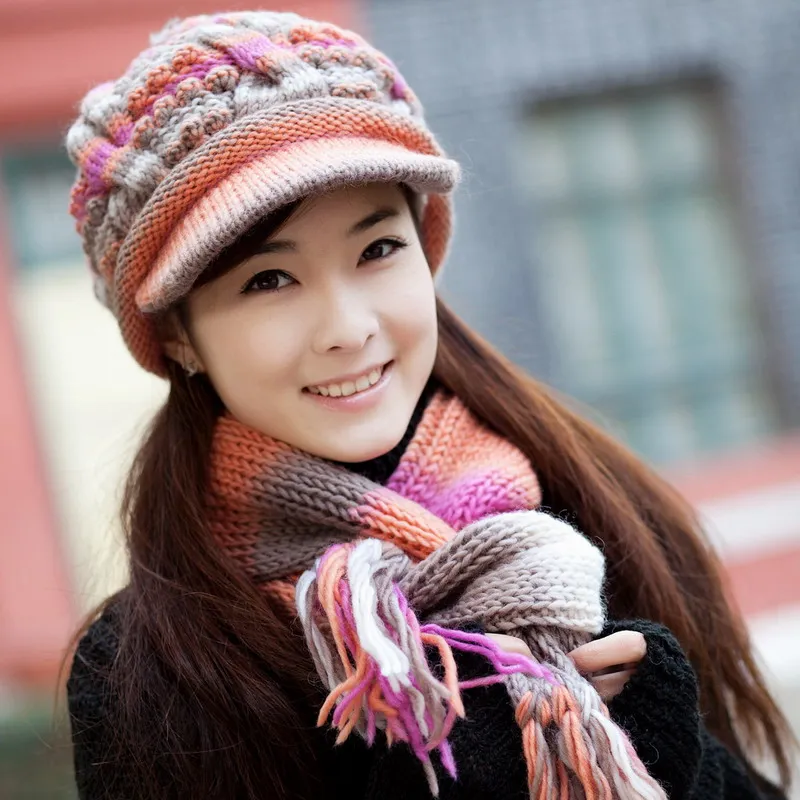 Thermal cold-proof winter hat female knitted hat scarf wool cap twinset knitted beret hat wool female winter warm cap scarf sets