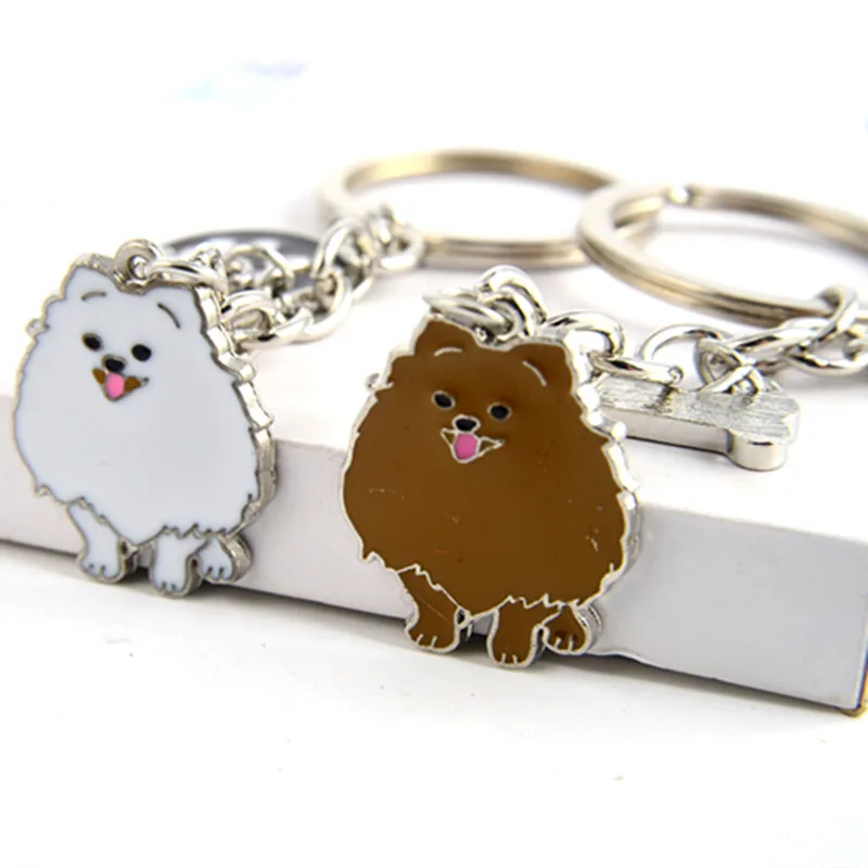 Pomeranian dog keychain key rings for women men girls white gold color metal pet dog pendant bag charm car key chain keyring