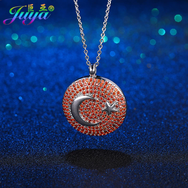 Juya Handmade Religious Jewelry Supplies Micro Pave Zirco Turkish Flag Crescent Moon Pendant Necklace For Muslim Allah Jewelry