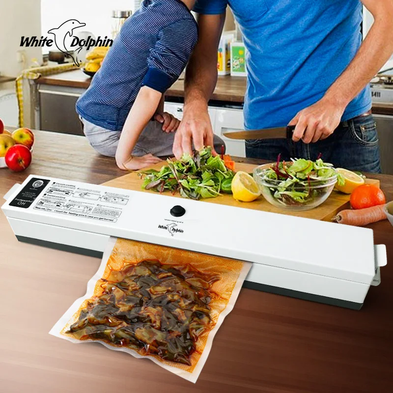 ماكينة تعبئة وتغليف وتفريغ الهواء للأغراض المنزلية بقدرة 220 فولت ماكينة حفظ الطعام الطازج مزودة بثلاث لفات أكياس تخزين