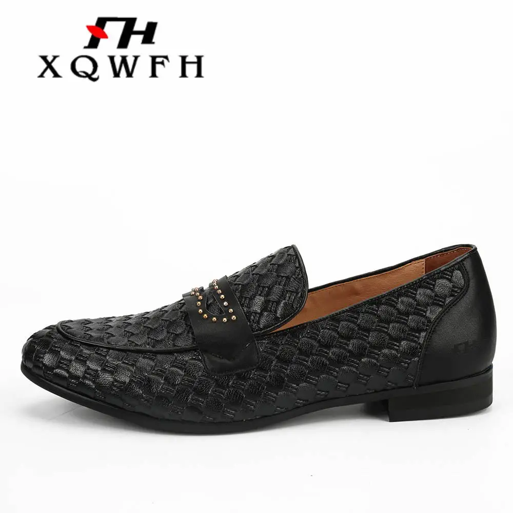 XQWFH High Quality Men Weaving Leather Shoes Men\'s Loafers Moccasins Shoes Business Wedding Tuxedo Dress Shoes Male Brand Flats