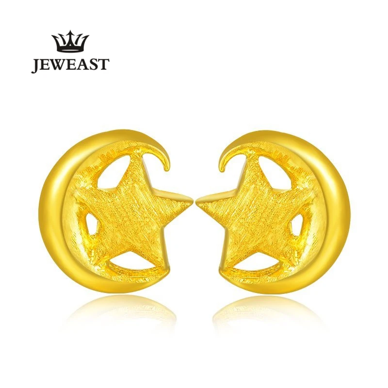 ZZZ 24k Pure Gold  Earrings One Star and A Moon Refer Love Confirm The Commitment of Life Gentle and Noble 999 Soild Gold A Pair