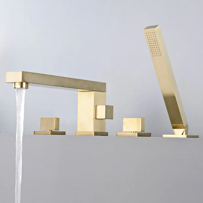 Brushed Gold brass square bathroom Bathtub faucet set 2 handle 4 holes mixer faucet High grade design Rotatable shower Tap