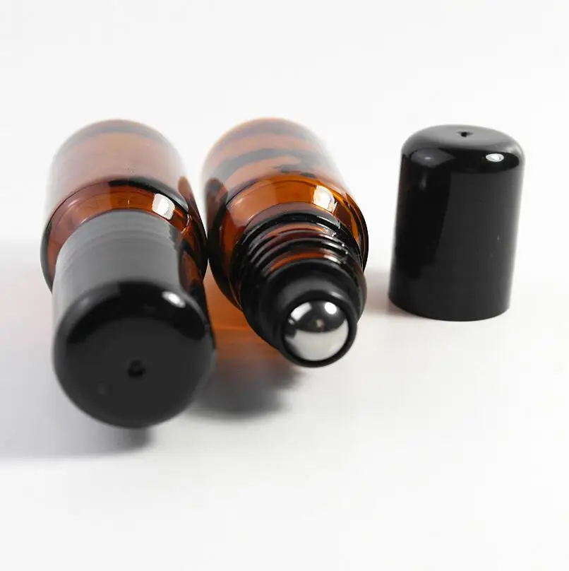 200pcs/lot Refillable Thick Amber 5ml /10ML Mini Roll On Glass Essential Oil Bottles With Steel Metal Roller ball