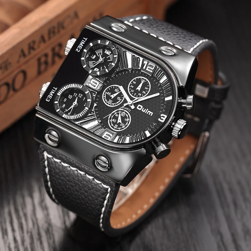 

Oulm Men's Watches Mens Quartz Casual Leather Strap Wristwatch Sports Man Multi-Time Zone Military Male Watch Clock relogios