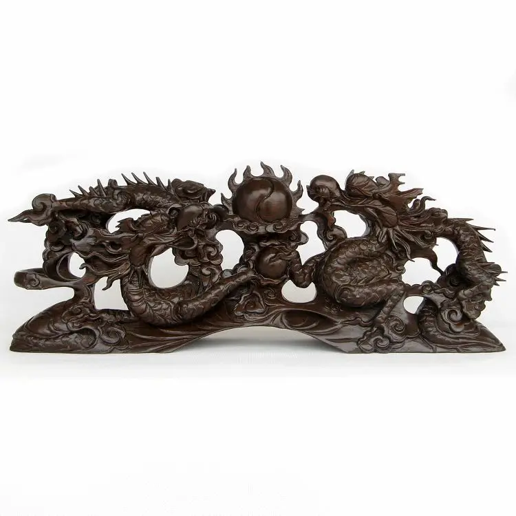 V Dragon carving crafts mahogany wood Long Shuanglong pearl Zodiac feng shui ornaments Home Furnishing decorative gift