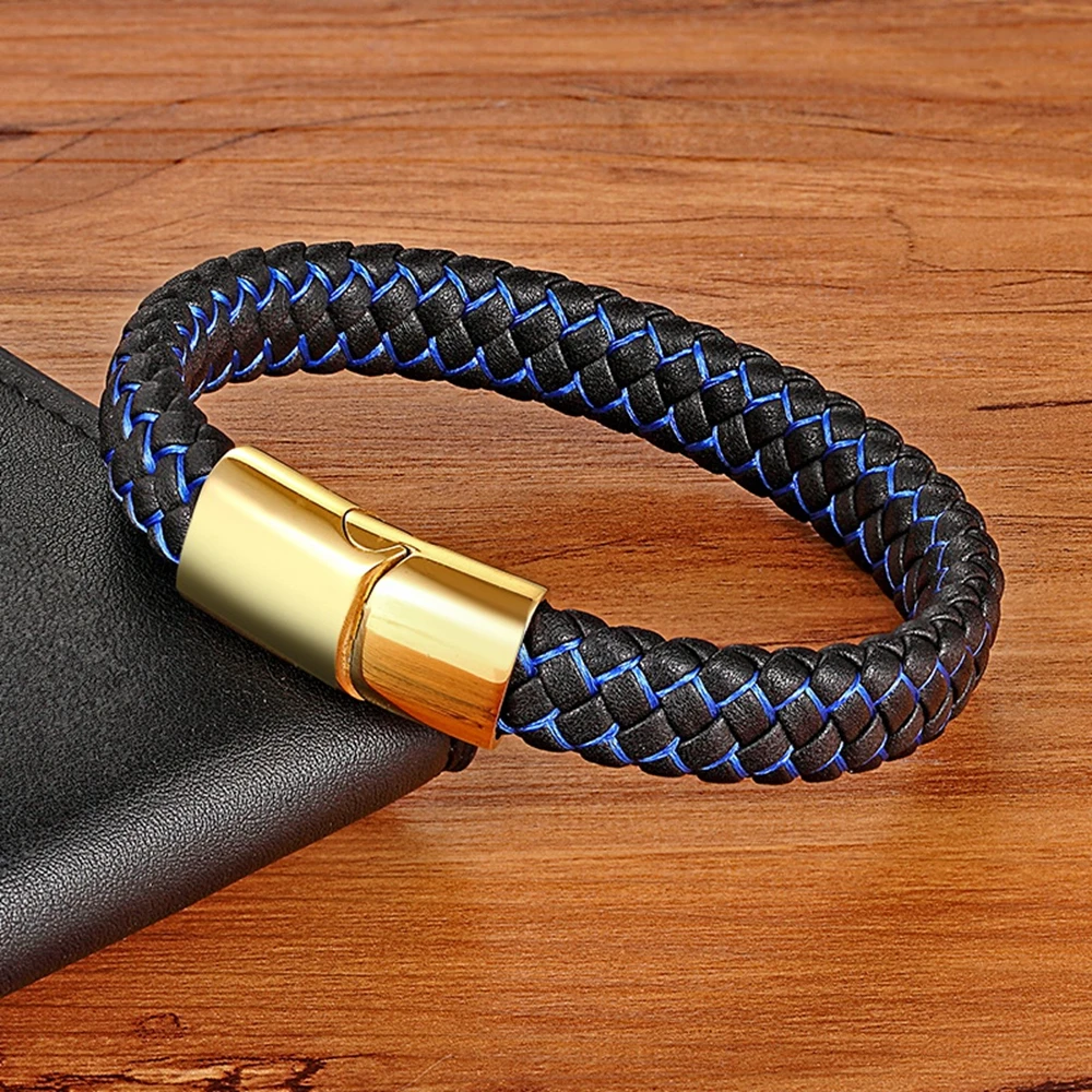 XQNI Men Jewelry Punk Black Blue Braided Leather Bracelet for Men Stainless Steel Magnetic Clasp Fashion Bangles Gifts 6 Colors